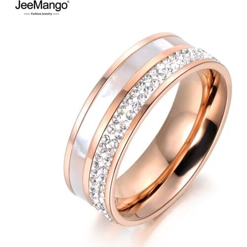 JeeMango Rose Gold Color Rhinestone & Shell Wedding Rings Jewelry 316L Stainless Steel Engagement Ring For Women Gift JR18050