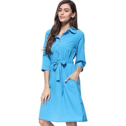 Fashion Casual Plus Size Women Three-quarter Sleeve Belt Solid Color Autumn And Winter Dress Print Single-breasted Ladies Dress