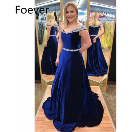 2019 Off the Shoulder A Line Long Royal Blue Crystal Prom Dress V-Neck Short Sleeve Formal Evening Party Dress for Women