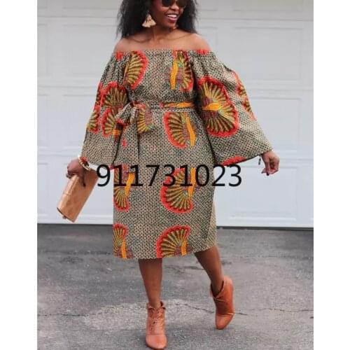 2021 New Arrival African Dresses for Women Floral Printing Plus Size Clothes Off Shoulder Long Sleeve Dress S-5XL