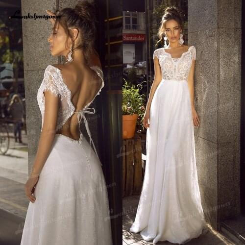 2022 New Beach Wedding Dresses A Line vestido de noiva praiano Behemian Bridal Gowns Short Cap Sleeve Backless Boho Bridal Dress
