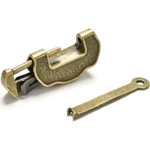 ZLinKJ 1PCS 3.5*1.7*1 cm New Chinese Vintage Antique Old Style Lock/Key Excellent Brass Carved Word Padlock