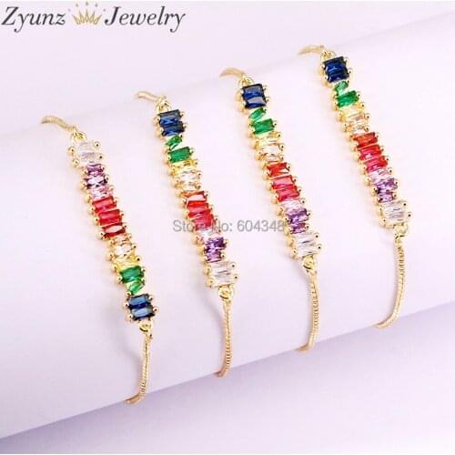 10PCS ZYZ333-5168 Rainbow Bar CZ Stones Bracelets, Gold Color Crystal Zirconia Rectangle Bar Connector Bracelets