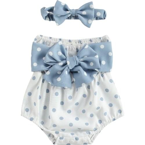 2 Pcs Newborn Bowknot Outfits, Baby Girl Strapless Polka Dot Print Boat Neck Romper + Headband