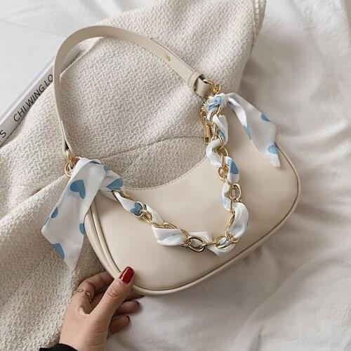 2021 Small Half-moon PU Leather Underarm Shoulder Bag with Short Silk Scarf Handle Female Trendy Handbag Luxury Designer Tote