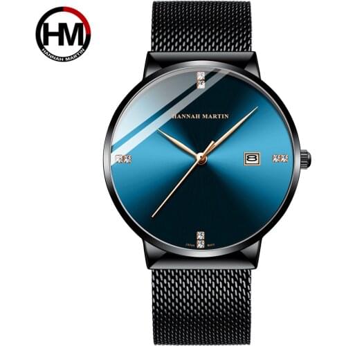 Hannah Martin HM901 Diamond Blue Calendar Mens Business Waterproof Watch Steel With Steel Diamond Simple Quartz Wristwatches
