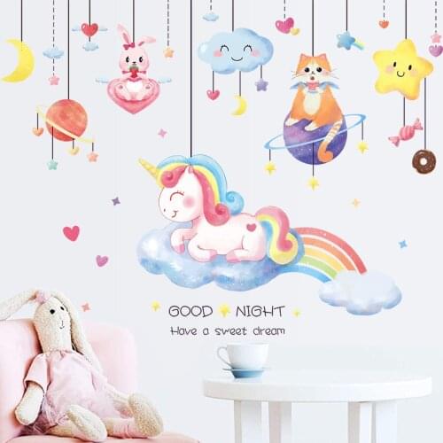 Dreamy Good Night Unicorn Wall Stickers for Kids Room Bedroom Classroom Dormitory Background Decoration DIY PVC Decals