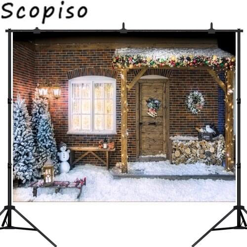 Scopiso Christmas Tree Wooden Door Brick Wall Baby Photography Backgrounds Customized Photographic Backdrops for Photo Studio