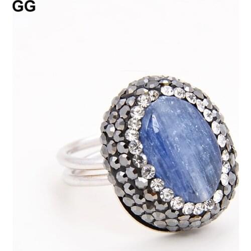 GuaiGuai Jewelry Natural Blue Kyanite Oval Shape Black Rhinestone Pave Ring adjustable