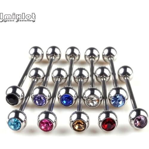 Imixlot 10Pcs Stainless Steel Long Industrial Barbell Ring Crystal Tongue Nipple Bar Tragus Helix Ear Piercing Body Jewelry