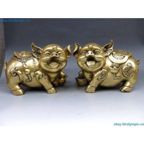 China Brass Copper Animal Feng shui Yuan Bao Wealth Money Pig A Pair Statue