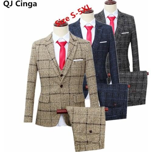 Winter New Plaid Terno 3 Piece Suit for Mens Business/Wedding/Party Male Blazer Coat Pants Vest Plus Size S-4XL 5XL