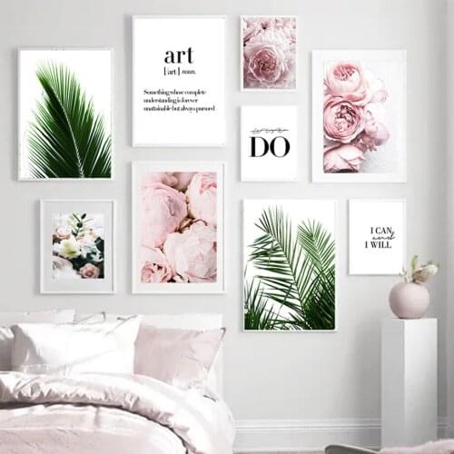 Pink Flowers Peony Palm Leaf Quotes Landscape Wall Art Canvas Painting Nordic Posters And Prints Wall Pictures For Living Room