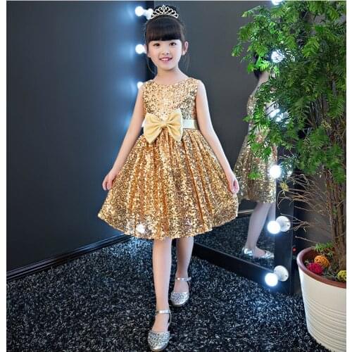 New Sequins Party Evening Dress Satin Bowknot Performance Pageant Prom Gown Fashion Princess Dress for Girls