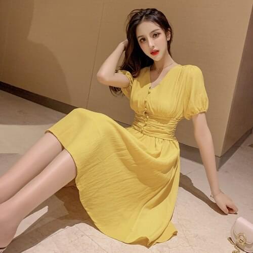 New French Style Slim V-collar Sexy Club Party White Black Yellow Vintage Summer Dress Summer Clothes For Women Women Dress
