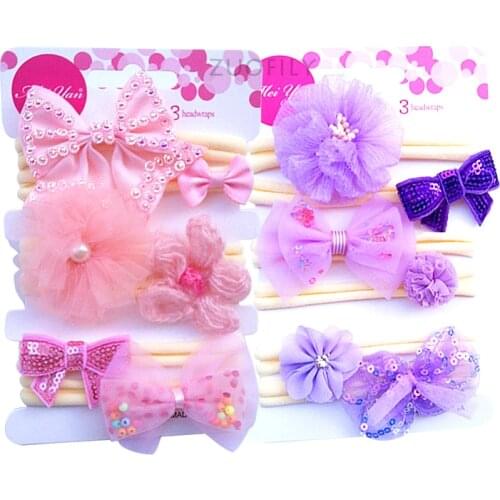 New 6Pcs/Set New Lace Flower Baby Girls Headband Bow Sequin Elastic Kids Hairband for Newborn Photography Baby Hair Accessories