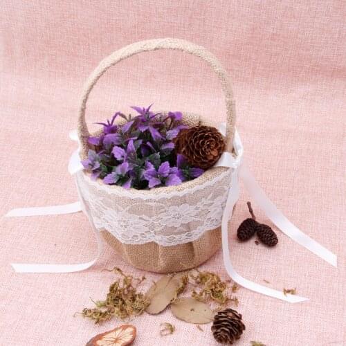 Romantic Bowknot Burlap Satin Wedding Ceremony Party Rose Flower Girl Basket