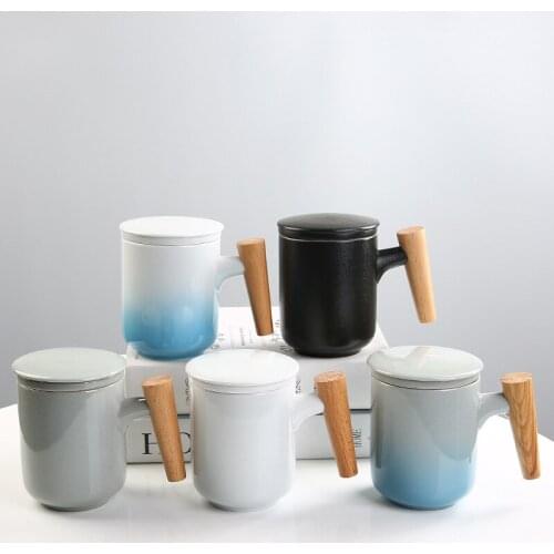 Luxury Brief Tea Cup Ceramic Mug Ceramic Retro Coffee Cup Office Water Cup Filter Tea Cup With Cover Cups and Mugs Wooden Handle