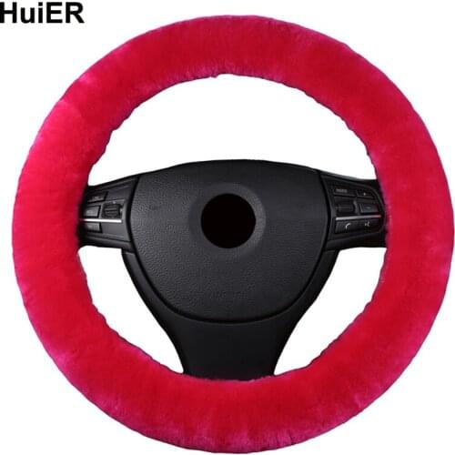 HuiER Pure Wool Pure Sheepskin Car Steering wheel Cover Multiple Colors Warm Soft Winter For 38 CM(15 inches) Steering-Wheel