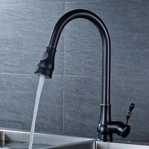 Kitchen Sink Faucet Hot & Cold Solid Brass Black Sink Mixer Basin Tap Pull Out Multi-Function Rotating Single Handle Deck Mount