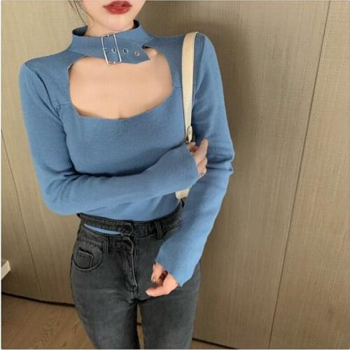 Button Halterneck Sexy Sweater Womens Spring Autumn Harajuku Long Sleeve Streetwear Basic Female Slim Hollow Out Crop Tops