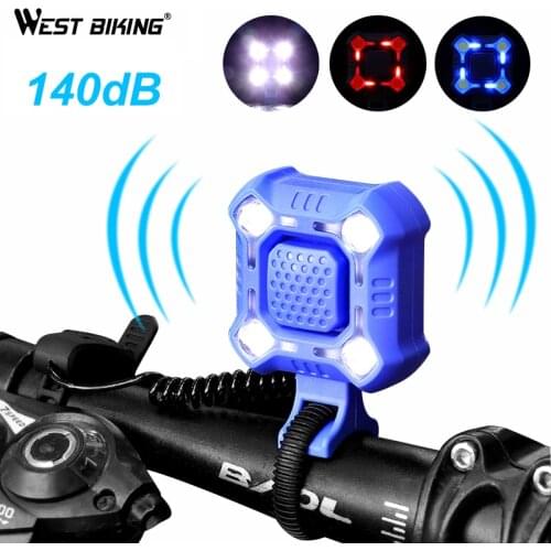 WEST BIKING 140dB Bike Bell 1200mAh 4 Lamp Cycling Light Electric Horn Waterproof Headlight USB Charging Loud Alarm Bicycle Bell