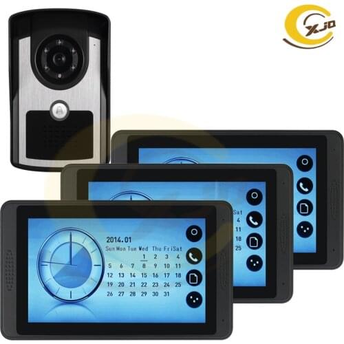 XJQ Wired New 7" Video Door Phone Video Intercom Doorbell Entry System 3 LCD Monitors+1 Outdoor Camera IP55 DoorPhone intercom