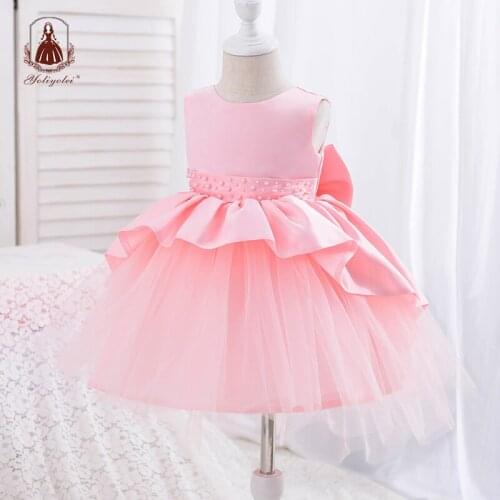 Yoliyolei Princess Party childrens Dress Tail Detachable Bowknot 0-2Y Baby Girl Flower Elegant Tulle Satin Toddler Kids Gown