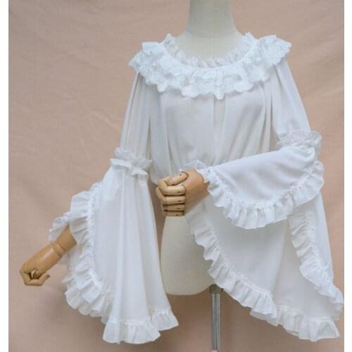 Ladies Sweet Lolita Lace Blouse Neverland Chiffon Loose Layered Crop Tops Victoria Costume Long Bell Sleeves For Women Oversize