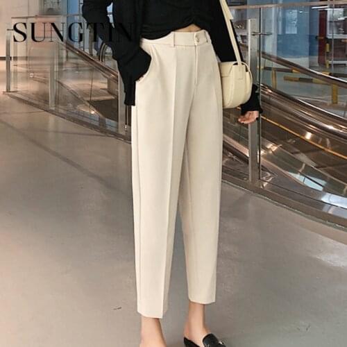Sungtin Office Lady High Waist Straight Pants Women Korean Ankle Length Harem Pants Vintage Loose Trousers Female Plus Size New