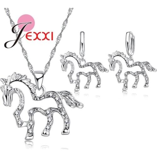 Cute Hollow Horse CZ Crystal Pendant 925 Sterling Silver Jewelry Sets for Women Girls Wedding Necklace Earrings