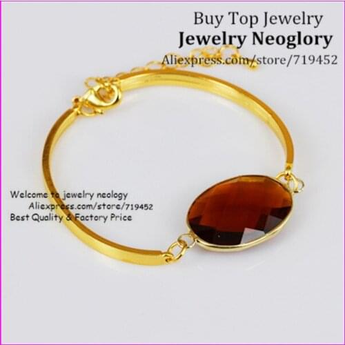 10PCS Oval Smoky Crystal Glass Quartz Bracelet Bangle Crystal Glass Bezel Quartz Connector Bracelet Gold Color Bangle For Women