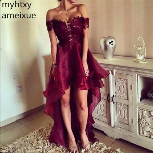 2020 Unique Burgundy Asymmetrical Red Sexy Cheap Prom Dress Elegant High Low South Evening Party Gown Plus Size Prom Custom Made