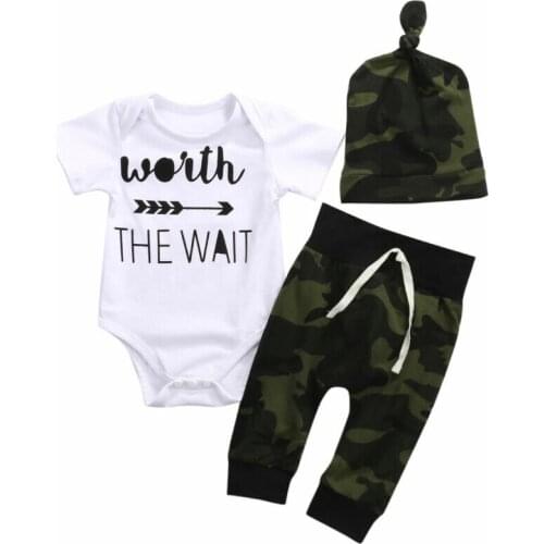 3Pcs Newborn Toddler Baby Boys Camouflage Casual Cotton Clothes Short Sleeve Romper Bodysuit + Pants +Hat Outfits Set 0-18M