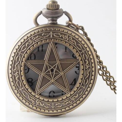 50pcs/lot Vintage Bronze Hollowed Five-pointed Star Quartz Fob Pocket Watch Necklace Pendant Watches Men Women Watches Hot Sell
