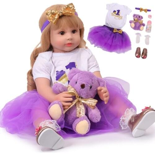 60cm Princess With Long Gold Hair Elegant Reborn Baby Girl Doll Soft Vinyl Purple Cloth Body Silicone Girl As Kid Christmas Gift