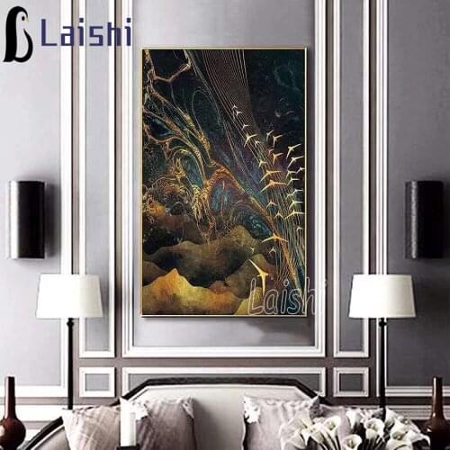 Abstract golden deer and flying birds diamond rhinestone painting cross stitch diamond mosaic sale new arrival display picture