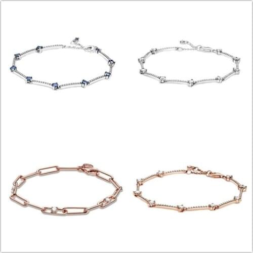 925 Sterling Silver pan Bracelet Blue Sparkling Pave Bars Bracelet Fit Women Bead Charm Diy Fashion Jewelry