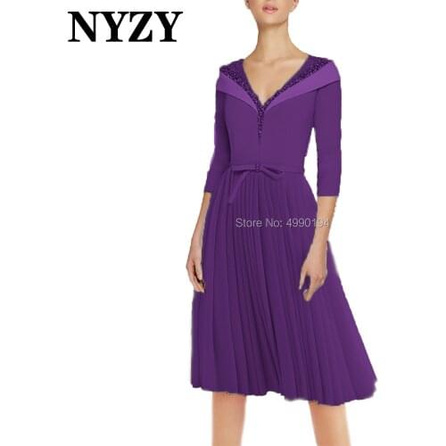 Elegant Beaded Purple Mother of the Bride Dresses with Sleeves NYZY M330C Short Wedding Party Dress Cocktail Evening Formal Gown