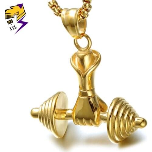 Hip Hop Gold Stainless Steel Dumbbell Necklaces Pendant Long Charms Chains Ice Out Necklaces for Men Street Style Jewelry