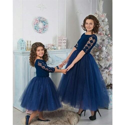 Royal blue long sleeve lave mother daughter birthday party dresses mom and girls matching celebration pageant gowns custom
