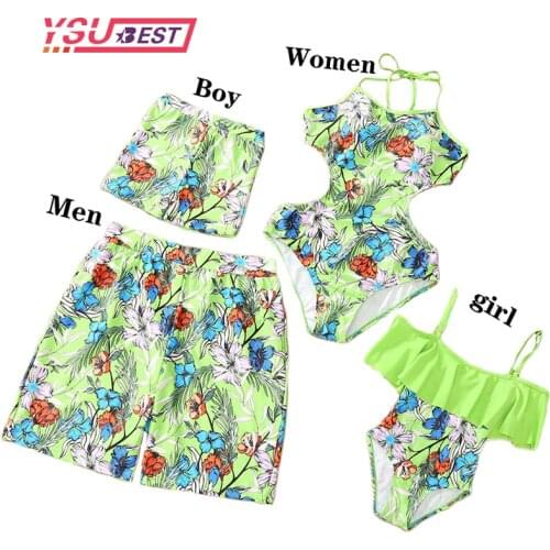 Leaf Family Swimwear Mother Daughter Matching Swimsuits Mom Baby Mommy and Me Bikini Dresses Clothes Father Son Swimming Shorts
