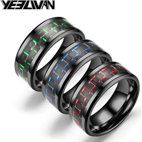 Punk Titanium Steel Black Carbon Fiber Mens Rings 6 Style Fashion Red Blue Green Ring Anel Masculino Jewelry Wholesale
