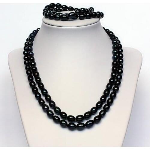 Handmade Pearl Jewelry Set Black Rice Freshwater Pearl Necklace Bracelet 7-8MM Wedding Birthday Pearl Jewelry