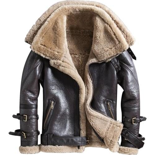 New Winter Thicker Fur One Genuine Leather Coat Mens Double Collar Sheepskin Leather Jacket Locomotive Fur Male Air Force Suit