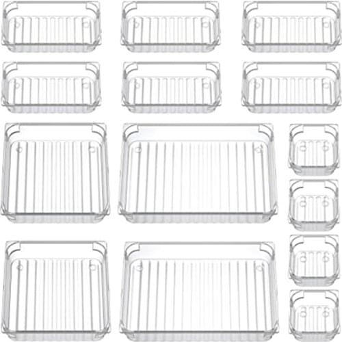 14 Desk Drawer Organiser Trays, Clear Vanity Drawer Dividers Makeup Cosmetic Organizers for Bedroom Kitchen Office
