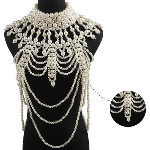 Women Imitation Pearl Beaded Body Chain Shawl Handmade Jewelry Bib Necklace Collar Vintage Luxurious Layered Costume