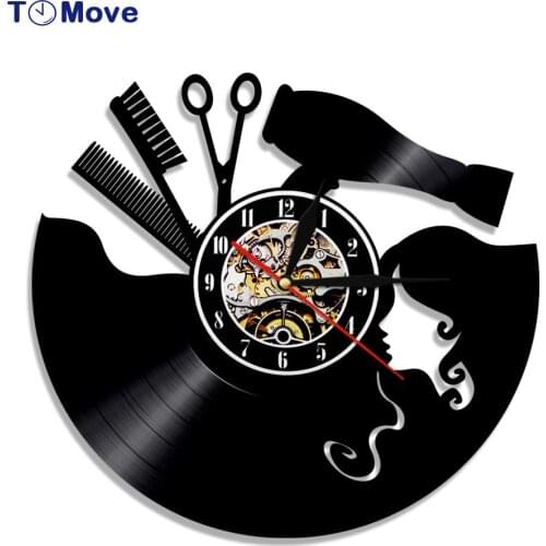 Hairdresser Vinyl Record Clock Comb Scissors Hair Dryer Beauty Salon LED Wall Clock Battery Operated Barber Haircut Decoration