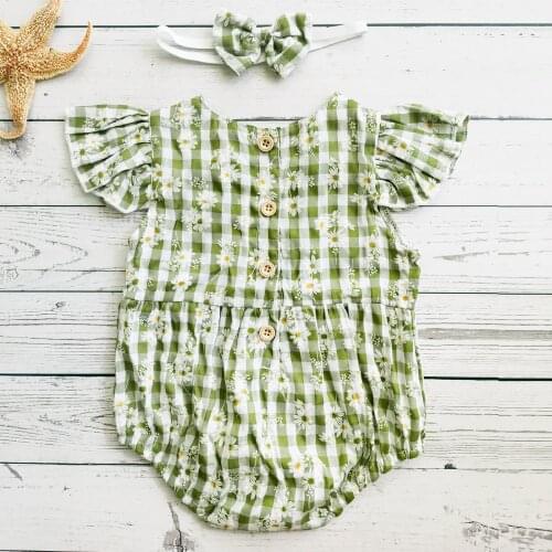 Pudcoco Baby Daisy Print Clothes Set, Flying Sleeve O-neck Jumpsuit with Ruffles + Bow-knot Headband 0-24M