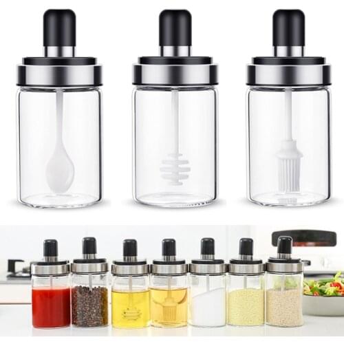 Kitchen Glass Seasoning Bottle Salt Storage Box Spice Jar with Spoon Kitchen Supplies For Salt Sugar Pepper Powder